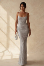 Sequin Glitter Scoop Neck Illusion Mesh Strap Column Maxi Gown