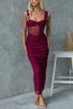 Mesh Panel Twist Front Sweetheart Cut Out Ruched Maxi Dress