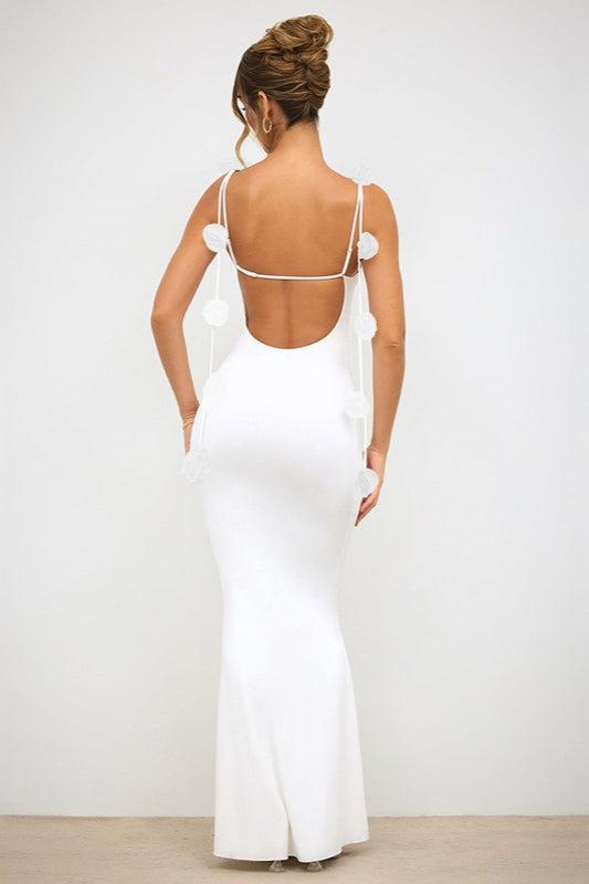 3D Floral Rosette Strap Backless Mermaid Bodycon Maxi Mini Dress