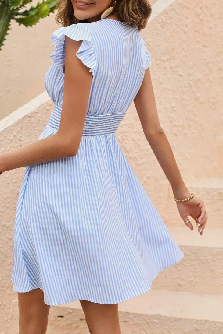 Striped V-Neck Ruffle Cap Sleeve Smocked Waist A-Line Mini Dress