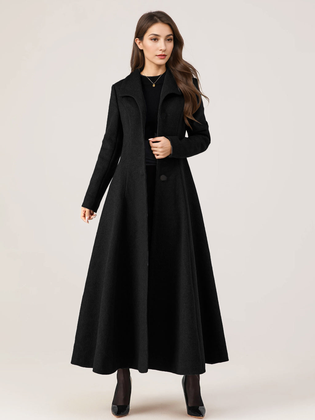 Long Woolen Flared Coat Gray Belted Winter Full Length Outerwear For Women 2026