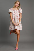 Ella Boutique Heart Jacquard Mini Dress with Square Neckline and Puff Sleeves Designer Edit