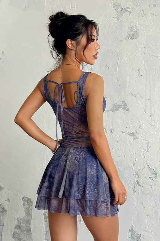 Deep V-Neck Spaghetti Strap Ruched Tiered Flared Mini Dress