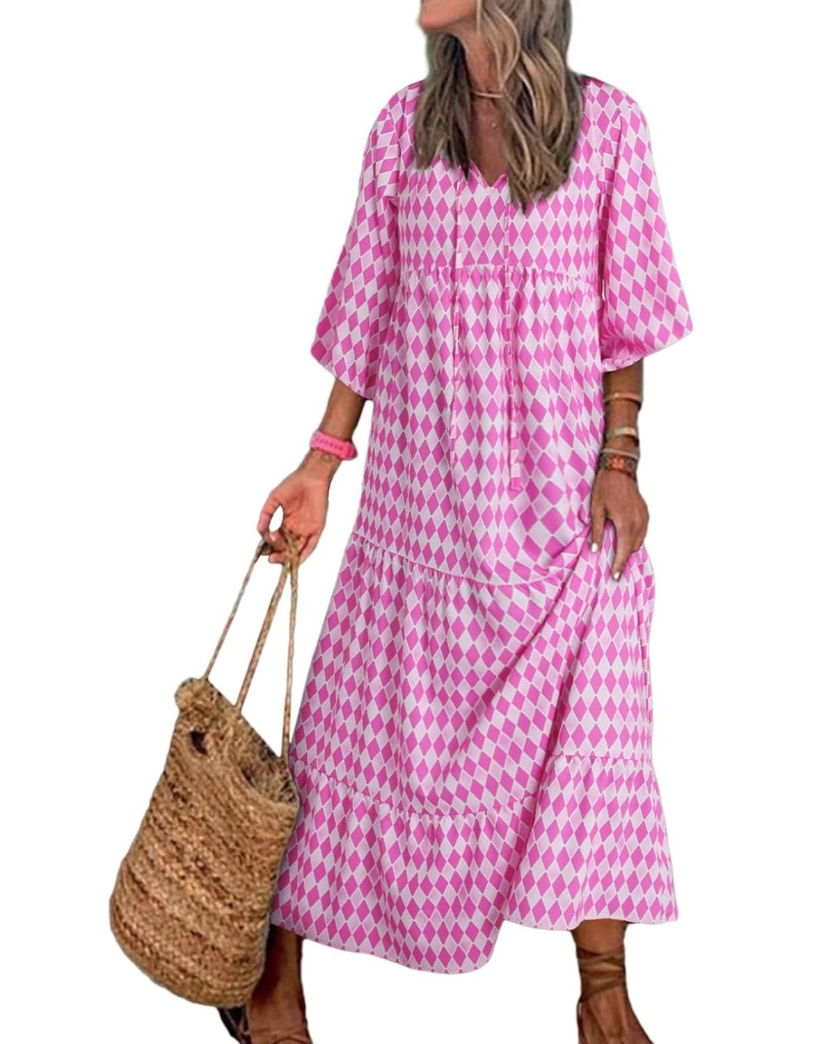 Puff Sleeve Tiered Geometric Print Boho Maxi Dress