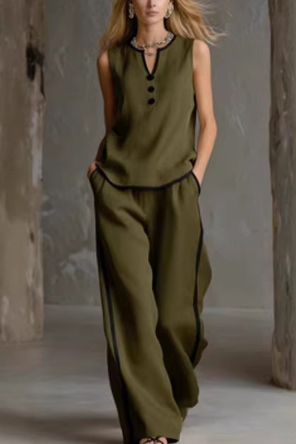 Stylish Color-blocked Sleeveless V-neck Top and Elastic Waist Pockets Casual Wide-leg Pants Set