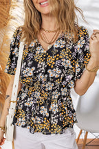 Floral Print V Neck Smocked Babydoll Blouse