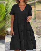 V-neck Solid Color A Line Dress