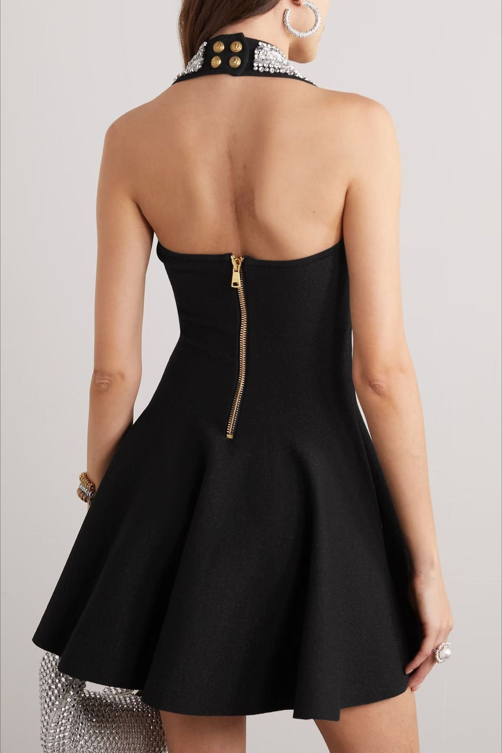 Velvet Halter Rhinestone Strap Button Front Fit and Flare Mini Dress