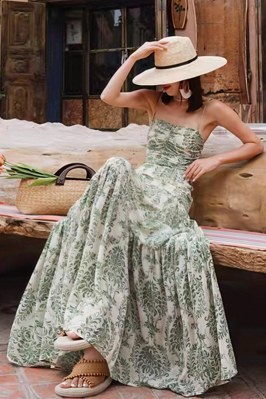 Green Spaghetti Strap Square Neck Ruched Damask Print Tiered Maxi Dress
