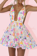 V Neck Open Back Sequined Floral Tie A Line Mini Dress