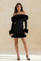 Off Shoulder Long Sleeve Faux Fur Trim Bodycon Mini Dress