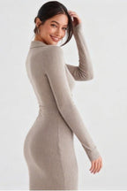 Knit Polo Collar Button Down Long Sleeve Ribbed Bodycon Midi Sweater Dress