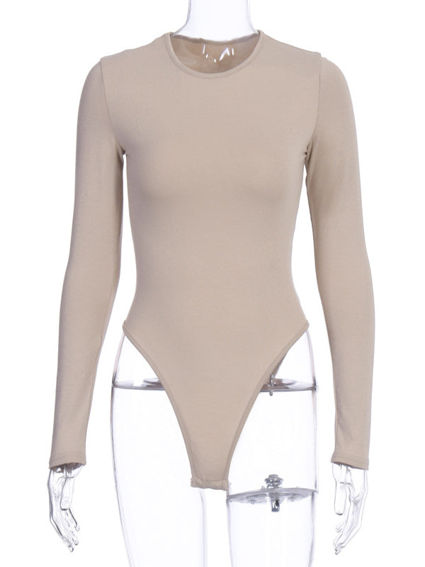 Bodysuit Light Apricot Long Sleeves Piping Stretch Notched Neckline Sexy Cotton Top For Women