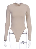 Bodysuit Light Apricot Long Sleeves Piping Stretch Notched Neckline Sexy Cotton Top For Women