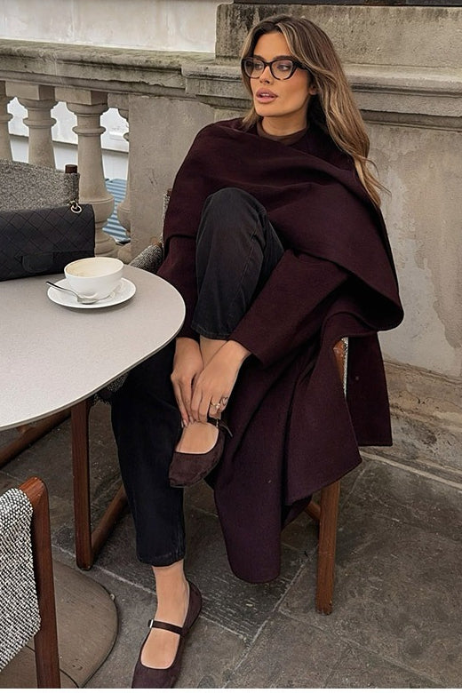 Elegant Scarf Collar Long Solid Overcoat