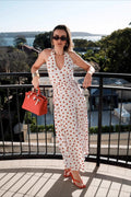 Polka Dot Halter V-Neck Ruched Crop Top Wide Leg Pants Two Piece Set