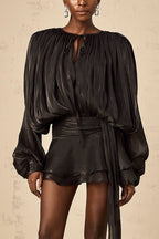 Solid Color Long-sleeved Belted Asymmetrical Mini Dress and Elastic Waist Casual Shorts Set