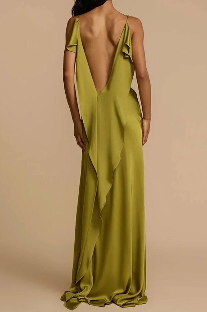 Spaghetti Strap Cowl Neck Thigh Slit Satin Maxi Dress