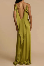 Spaghetti Strap Cowl Neck Thigh Slit Satin Maxi Dress