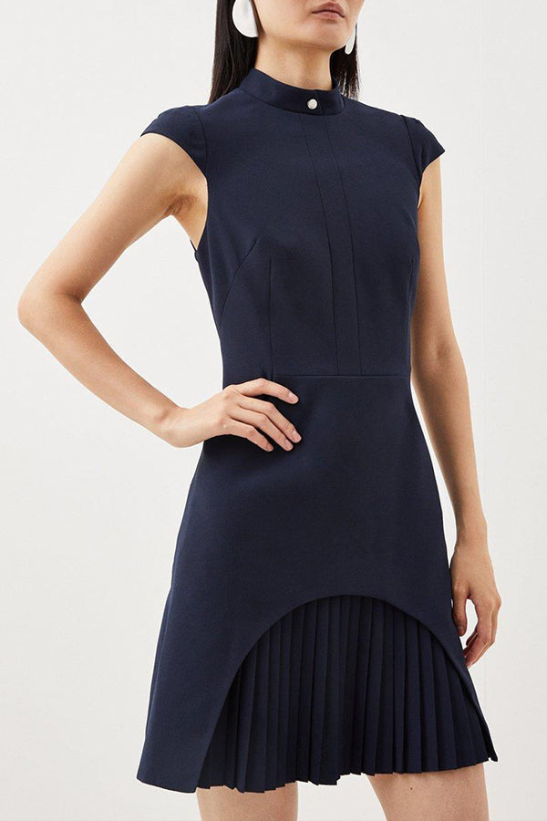 Cap Sleeve Mock Neck Pleated Panel Asymmetrical Mini Dress