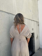 Deep V-Neck Flutter Sleeve Smocked Waist Pocket Side Slit Maxi Dress