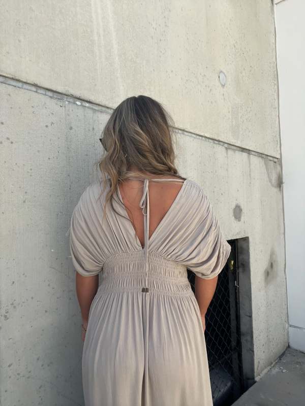 Deep V-Neck Flutter Sleeve Smocked Waist Pocket Side Slit Maxi Dress