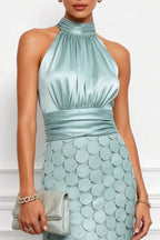 Janice Satin Ruched Halter Neck Sleeveless Embroidered Polka Dot Hem Midi Dress