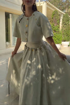 Custom Look Linen Blend Unique Metal Pattern Buttons Slit Half Sleeve Crop Jacket