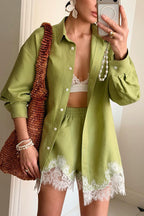 Linen Blend Shirt and Lace-trimmed Shorts Set