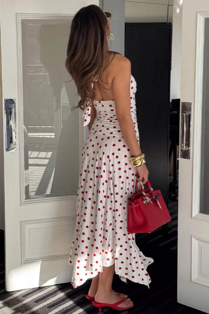 Polka Dot Halter V-Neck Ruched Crop Top Wide Leg Pants Two Piece Set