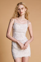 Square Neck Ruched Floral Lace Rhinestone Strap Mini Dress