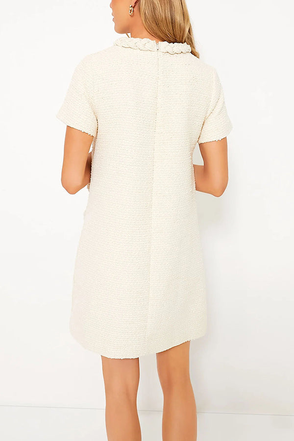 Tweed Braided Trim Crew Neck Button Welt Shift Mini Dress