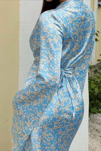 Deep V Neck Flared Sleeve Tiered Maxi Floral Print Dress