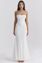 Jacquard Square Neck Spaghetti Strap Mermaid Maxi Gown
