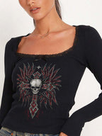 Skull Cross Print Lace Trim Long Sleeve Knit