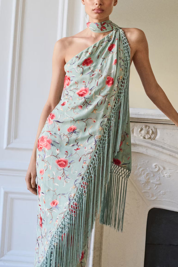 Floral Print Halter Neck Sleeveless Elegant Tassel Maxi Dress