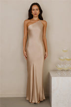 The Evangeline One Shoulder Satin Maxi Dress Champagne