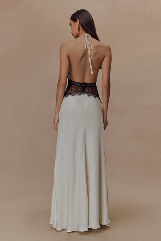 Halter Deep V-Neck Lace Panel Satin Maxi Gown