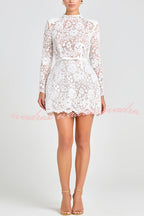 Champagne Toast Flower Lace Long Sleeve Bow Belted Mini Dress