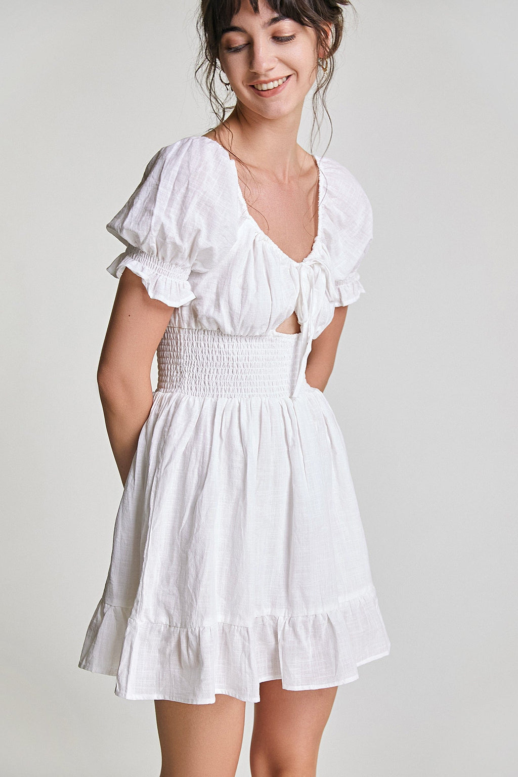 Tie Front Puff Sleeve Smocked Waist Ruffle Hem Babydoll Mini Dress