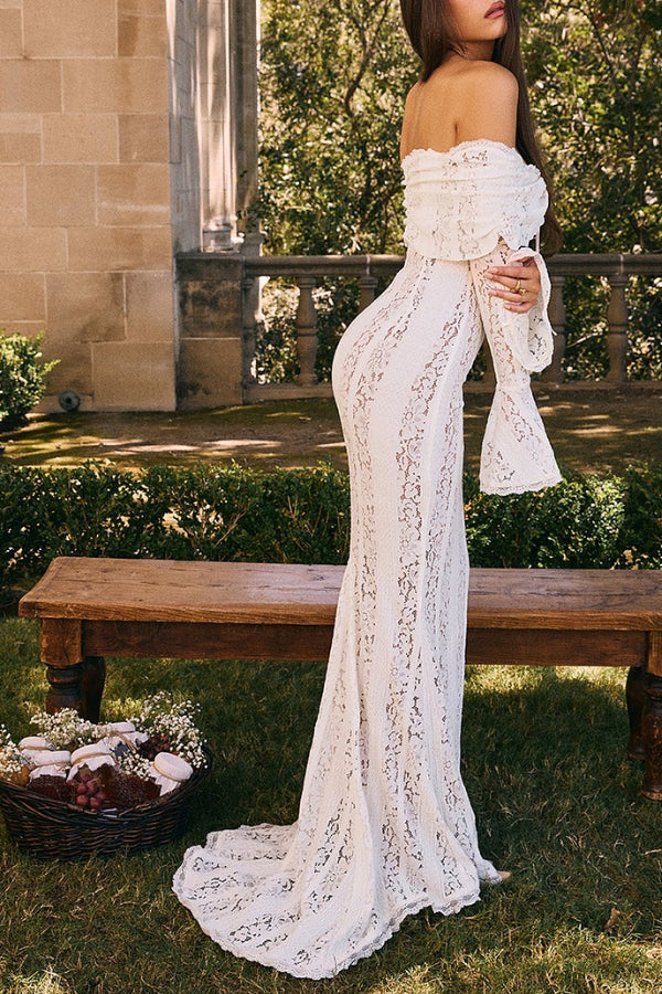 | Off Shoulder Floral Lace Flared Sleeve Fishtail Maxi Dress - White