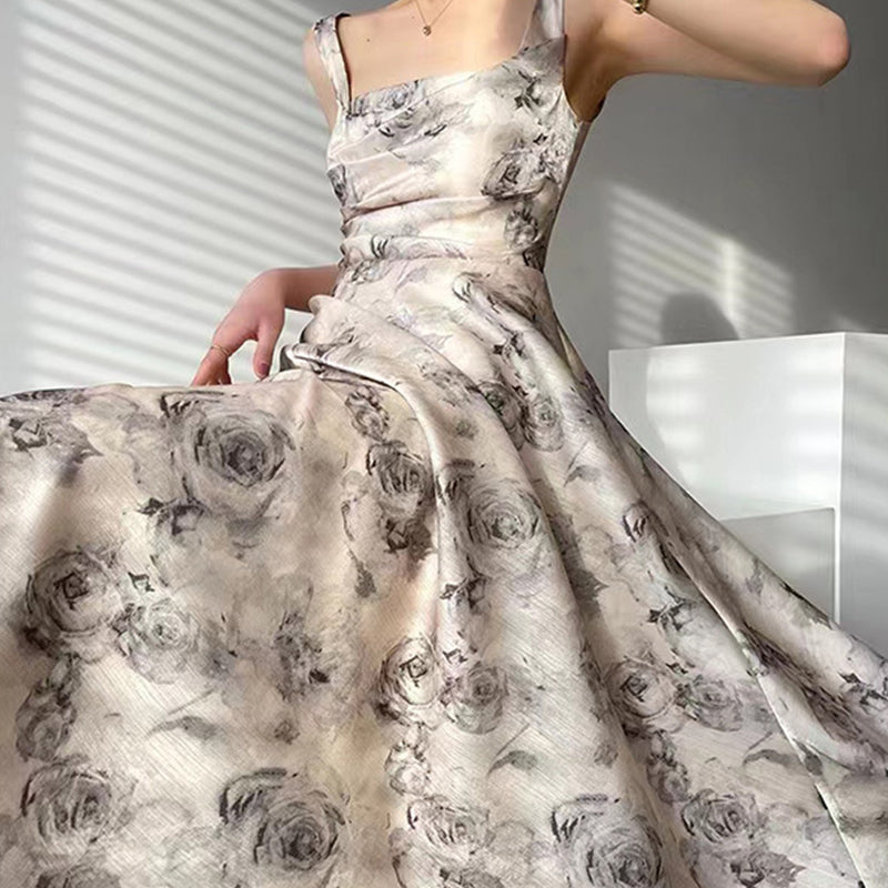 Square Neck Wide Strap Print Pleated Bodice A Line Midi Dress