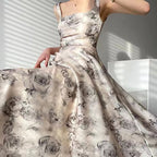 Square Neck Wide Strap Print Pleated Bodice A Line Midi Dress
