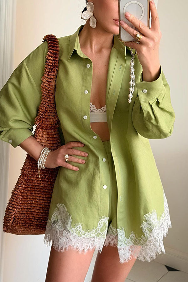 Linen Blend Shirt and Lace-trimmed Shorts Set