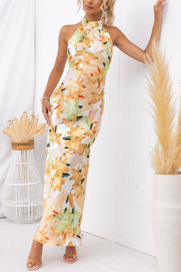 Floral Print Satin Halter Neck Sleeveless Column Maxi Dress