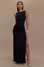 High Neck Ruched Crossover Drape Hip High Slit Jersey Maxi Dress
