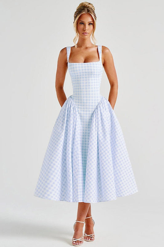 Gingham Square Neck Basque Waist Pleated Fit and Flare Midi Dress