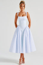 Gingham Square Neck Basque Waist Pleated Fit and Flare Midi Dress