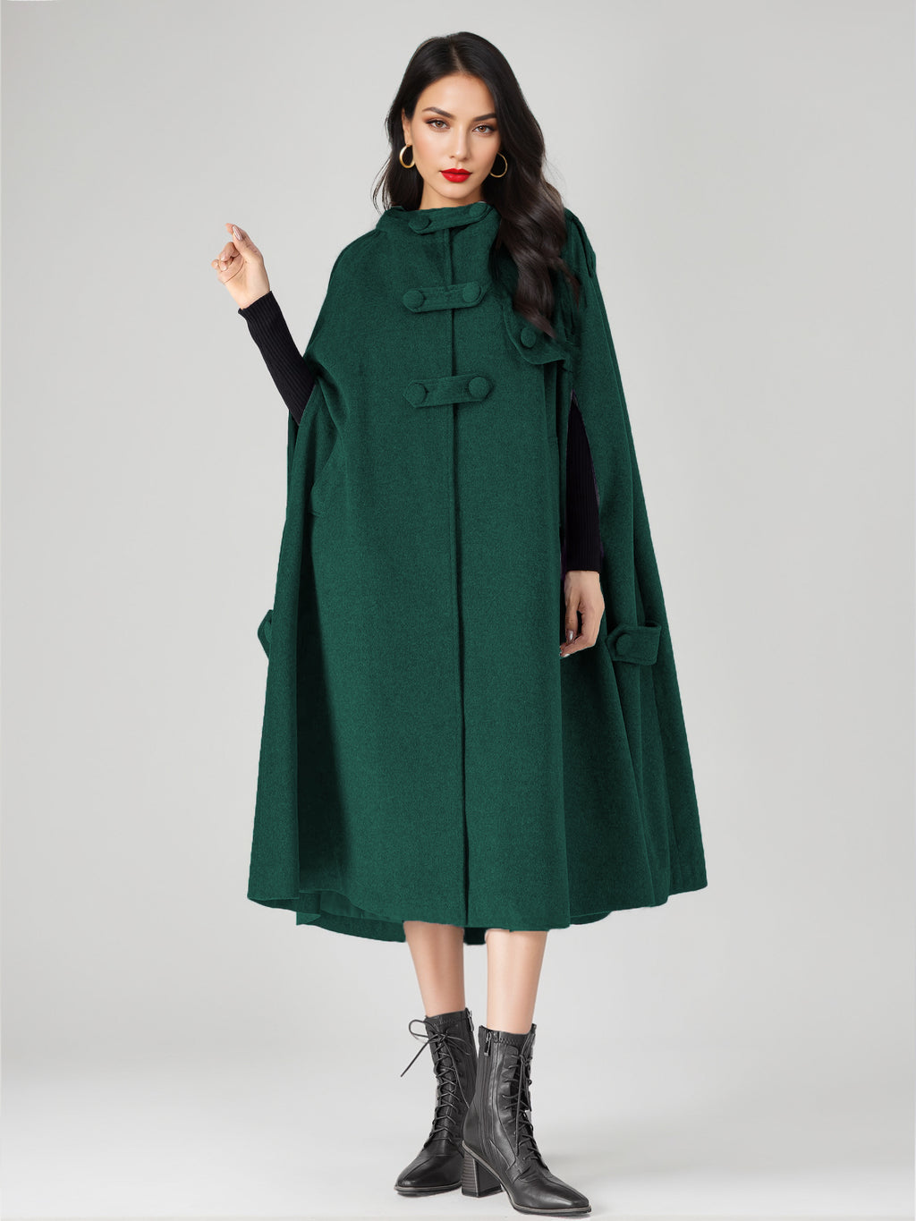 Wool Blend Cape Coat For Women Hooded Gray Oversized Long Poncho Outerwear 2026