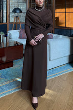 Solid Color High-neck Long-sleeved Crossover Waist Slim-fit Maxi Dress